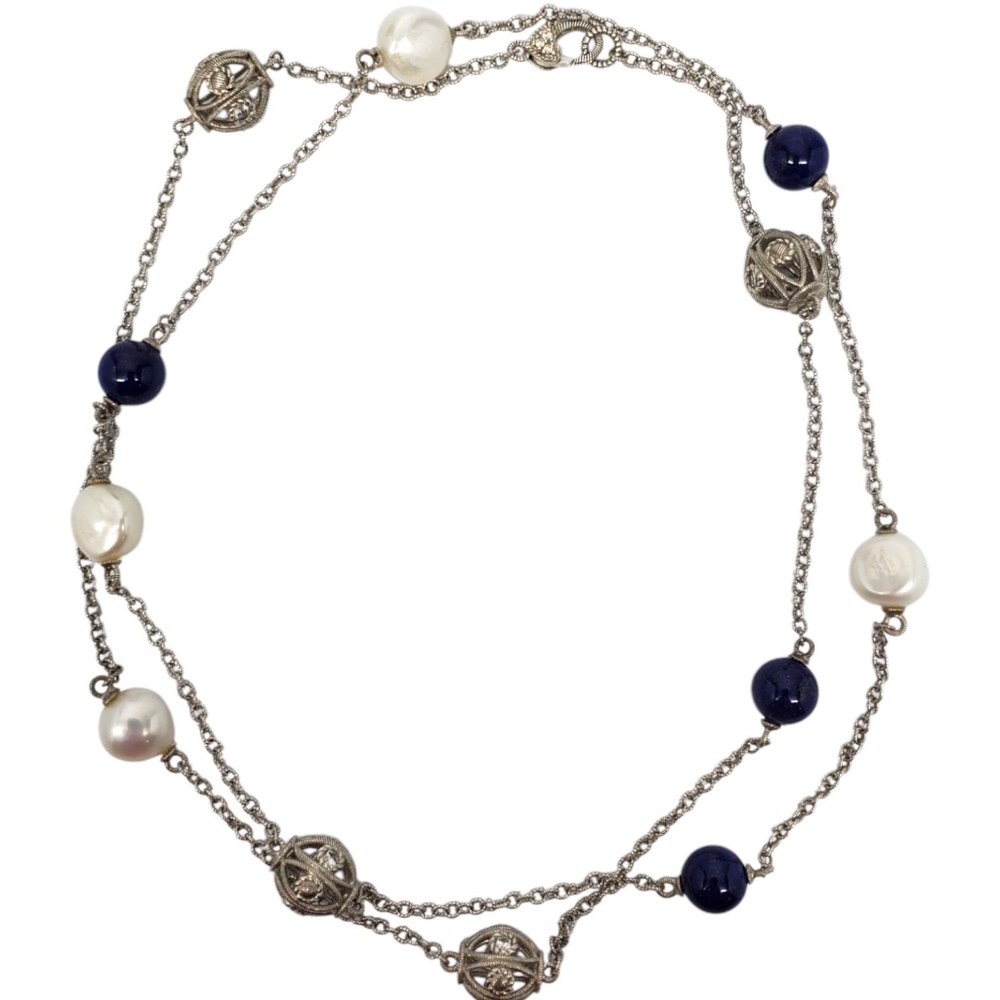 Judith Ripka Sterling Silver Pearl Lapis Lazuli Station Necklace #21460